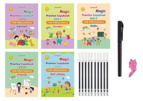New Auto Erase Magic Copy Books for Kids – Reusable Handwriting Practice Set with Magic Pen & Refills(4 Book + 10 Refill) (A-127)